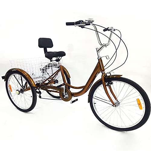 Dreirad für Erwachsene 24 Zoll Mit Korb, 3-Rad-Fahrrad Adult Tricycle Ohne Licht, Geschenke für Familie (Gold) von HaroldDol