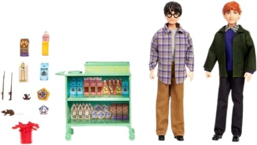 HARRY POTTER - Harry und Ron im Hogwarts-Express-Set mit über 10 Zubehörteilen, lebensechte Gesichter und Zauberstäben, für Fans ab 6 Jahren, HND79 von Mattel