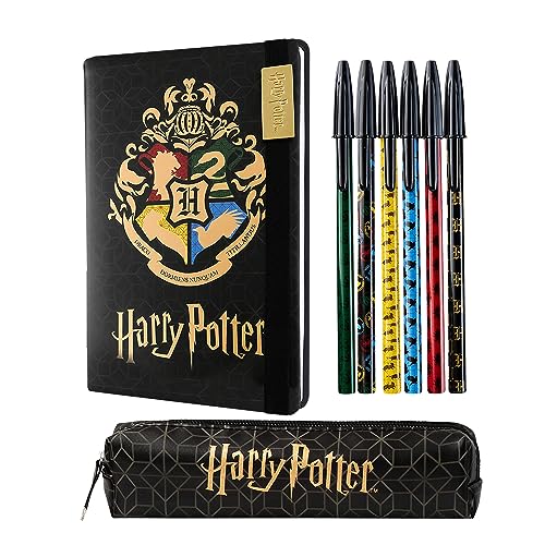 Harry Potter Geschenke, Notizbuch A5 Magic Diary für Jungen, Mädchen und Erwachsene, Schreibwaren-Set Mäppchen und Stifte, Merch, Schwarz/GOL von Harry Potter