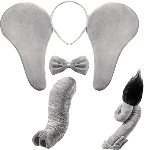 4 Stück Kinder Elefant Kostüm Accessoires Set Grau Elefant Haarreif Elefant Ohren Nase Schwanz und Fliege für Kinder Erwachsene Halloween Verkleidung Party von Harrycle