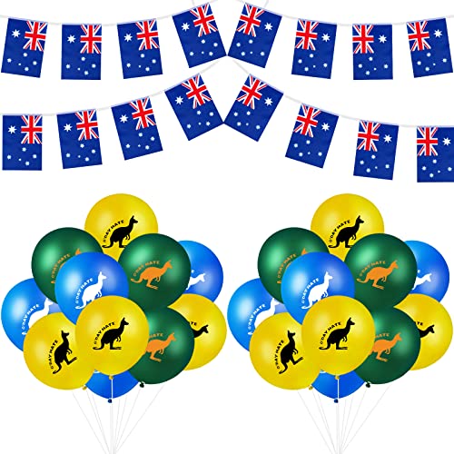 Australien Party Dekoration Set, inklusive 24 Stück Känguru Australisch Luftballons, 8 Meter Australien Fahnenkette und Silbergraue Bänder für Fanartikel Baby Shower Geburtstag Party Deko von Harrycle
