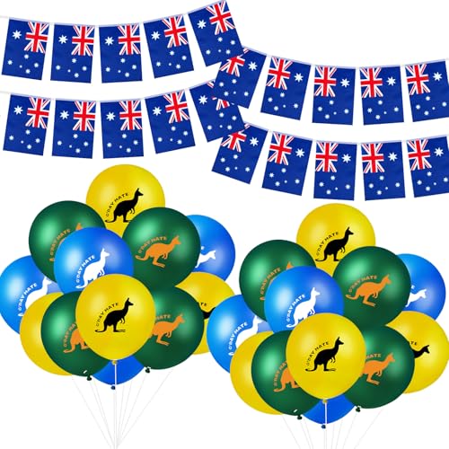 Australien Party Dekoration Set, inklusive 24 Stück Känguru Australisch Luftballons, 8 Meter Australien Fahnenkette und Silbergraue Bänder für Fanartikel Baby Shower Geburtstag Party Deko von Harrycle