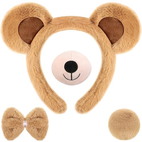 Harrycle 4 Stück Bär Cosplay Set Bären Stirnband Bärenfliege Nase Schwanz Bärenzubehör für Kinder Erwachsene Karneval (Hellbraun) von Harrycle