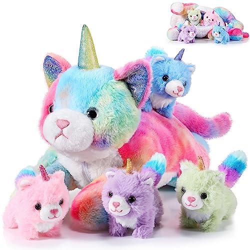 Harrycle 5 Stück Katze Horn Kuscheltier Set 40 cm Mama Einhorn Katze Stofftier mit 4 Baby Kätzchen für Mädchen Jungen Regenbogen Einhorn Kätzchen Plüschtier Set für Geburtstag Geschenk von Harrycle