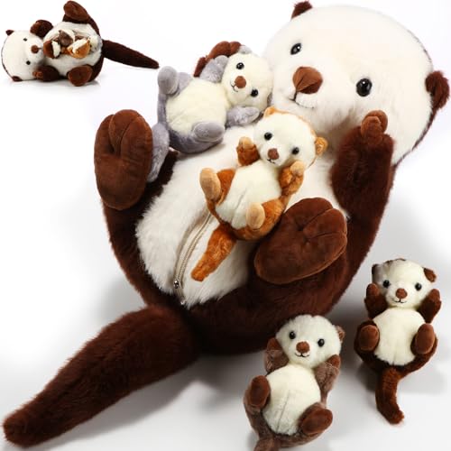 Harrycle 5 Stück Set Ausgestopftes Tier Stofftier Mutter Otter mit 4 Süßen Babys im Bauch 16,5 Zoll Weiches und Kuscheliges Seeotter Plüschtier mit Reißverschluss für Kinder Geburtstag Weihnachten von Harrycle