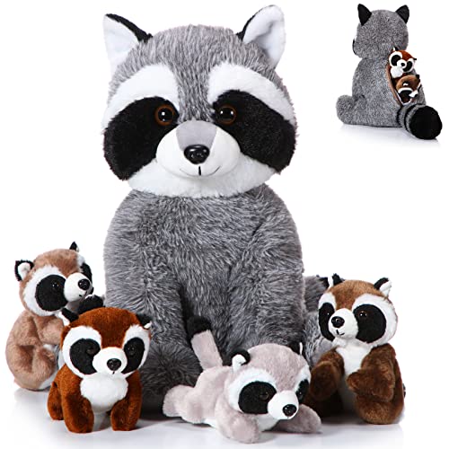 Harrycle 5 Stück Waschbär Kuscheltier Set 32 cm Niedliche Plüschtiere Mutter mit 4 Kindern in Ihrem Bauch Weiche Stofftiere zum Kuscheln Schmusetier Waschbär für Junge Mädchen Geburtstag von Harrycle