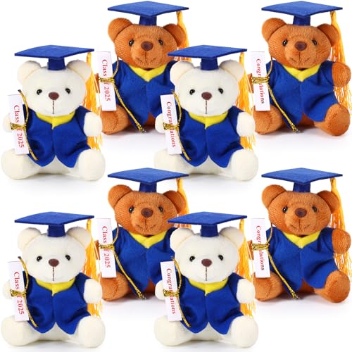 Harrycle 8 Stück Mini Abschluss Bär Stofftier Plüschbär 12 cm Kleine Plüschtier Bär mit Diplom und Doktorhut für 2025 Abschluss Abschlussfeier Party Graduation DIY Deko Geschenk (Blauer Hut) von Harrycle
