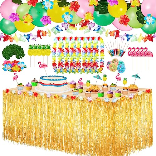 Harrycle Hawaii Party Dekoration Set mit Ballon 286*75cm luau Tischrock gold,8 Hawaii Kränze,Strandballons,Palmblätter, Hawaiian Blumen, Mehrfarbige Regenschirme für BBQ Tropischen Garten Party Deko von Harrycle