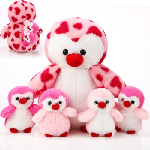 Harrycle Valentinstag Pinguin Kuscheltiere Herz Muster Mama Pinguin Stofftier mit 4 Süßen Babys im Bauch 35 cm Weiche Kuschelige Pinguine Plüschtiere für Mädchen Geschenk Geburtstag (Herz Stil) von Harrycle