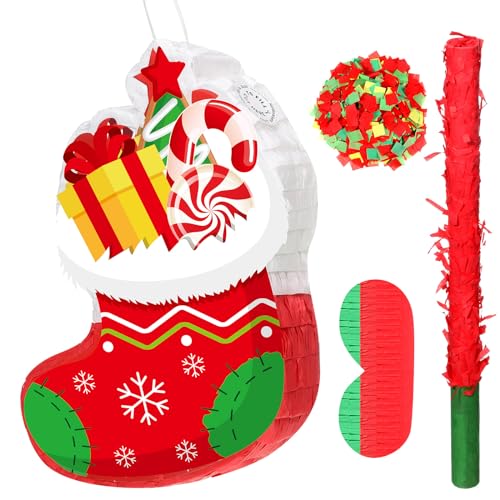 Harrycle Weihnachten Pinata 41 cm Weihnachtsstrumpf Mexikanische Pinata mit Stab Augenmaske und Konfetti Weihnachtsfeier Pinata zum Befüllen für Weihnachtsdeko Feiertag Party Spiele Mitgebsel Deko von Harrycle