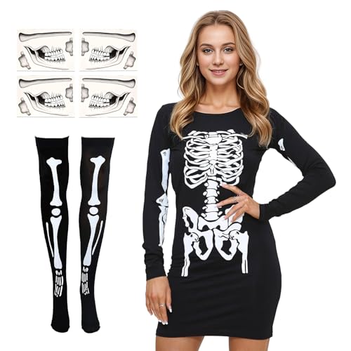 Damen Skelett Kleid Halloween Totenkopf Knochen Print Langarm Neuheit Party Bodycon Kleid (M) von Harsever