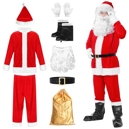 Harsever Weihnachtsmann Kostüm Set für Erwachsene, Nikolauskostüm Santa Claus mit Bart, Mütze, Gürtel, Stiefelüberzüge, Handschuhen und Wundertüte für Weihnachten (M) von Harsever
