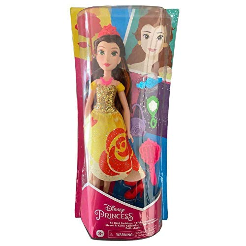 Hasbro Disney Princess E6621ES6 Principessa Disney Princess Belle Brille mit farbenfrohem Kleid und auffälligem Aufdruck, mit Bürste und Haaraccessoires, Serie Bright, Be Bold, gelb von Hasbro Disney Princess