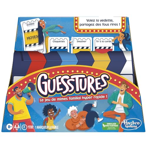 Hasbro Gaming Guesstures, Mimespiel für 4 Spieler und mehr, Familienspiel, personalisierbare Karten, Clap – französische Version von Hasbro Gaming