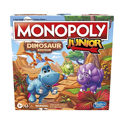 Hasbro Gaming Monopoly Junior Dinosaurier Edition Brettspiel 2-4 Spieler mit Dino-Spielsteinen, Kinder Osterkorb Stuffers, ab 5 Jahren (Amazon Exclusive) von Monopoly