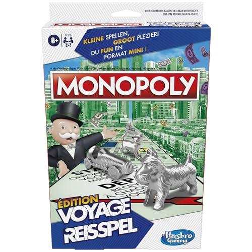 Monopoly Reiseausgabe, tragbares Spiel für 2 bis 4 Spieler, Reisespiel für Kinder ab 6 Jahren – französische Version von Hasbro Gaming