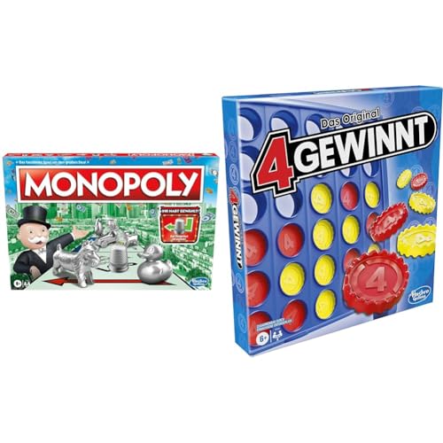 Monopoly Spiel, Familien-Brettspiel für 2 bis 6 Spieler, ab 8 Jahren für Kinder, mit 8 Spielfiguren (Figuren können variieren) & Hasbro 4 gewinnt, Strategiespiel für 2 Spieler, 4 gewinnt Rasterwand von Hasbro Gaming