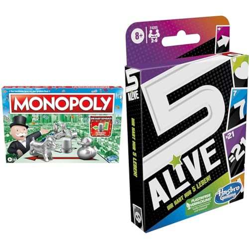 Monopoly Spiel & Five Alive Kartenspiel, schnelles Spiel für Kinder und Familien, leicht zu erlernen, Familienspiel ab 8 Jahren. 5 Alive Kartenspiel für 2 − 6 Spieler von Hasbro Gaming