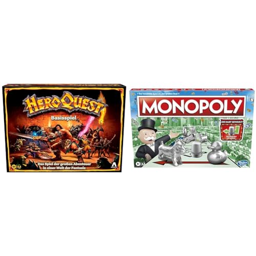 Avalon Hill HeroQuest Basisspiel & Monopoly Spiel, Familien-Brettspiel für 2 bis 6 Spieler, ab 8 Jahren für Kinder, mit 8 Spielfiguren von Hasbro
