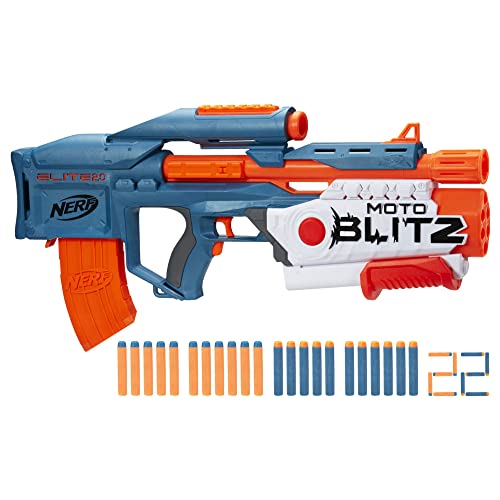Hasbro Elite 2.0 Motoblitz Blaster CS-10 10 Darts motorisiert, Airblitz 6 Darts auf einmal, Ladegerät, 22 Elite Darts, Mehrfarbig von NERF