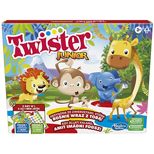 Twister Junior Spiel, 2-seitige Tierabenteuermatte, 2 Spiele in 1, Gesellschaftsspiel, Innenspielspiel für 2 bis 4 Spieler (deutsch-ungarische Version) von Hasbro
