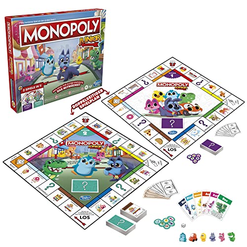 Monopoly Junior, 2-seitiger Spielplan, 2 Spiele in einem, Monopoly Spiel für jüngere Kinder, Kinderspiel, Junior Spiel von Hasbro Gaming