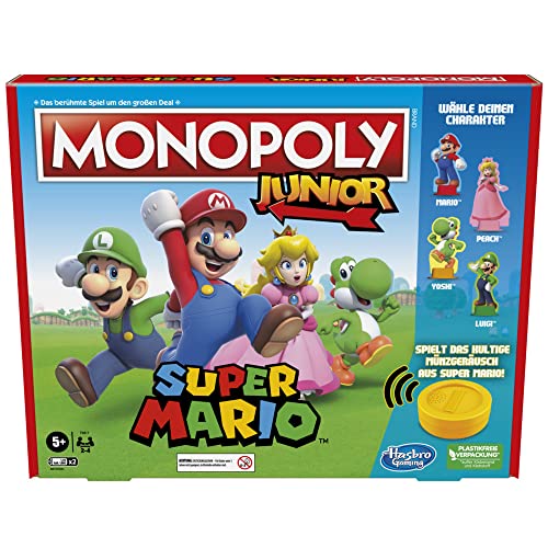 Hasbro Monopoly Junior Super Mario Edition Brettspiel, ab 5 Jahren, spielt im Pilz-Königreich als Mario, Peach, Yoshi oder Luigi, Multi von Hasbro