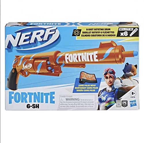 Nerf Fortnite 6-SH Blaster-Camo Pulse Wrap, Hammer Action Priming, Drum, 6 Elite Darts von NERF