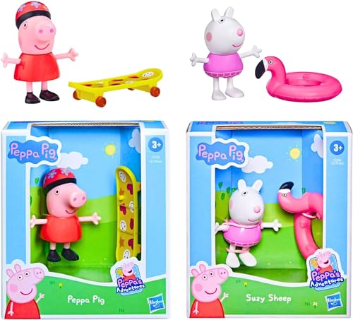 Peppa Pig bewegliche Figur und Zubehör-Set, 7,6 cm, 8 cm, Peppa Pig Skateboard und Suzy Sheep von Hasbro