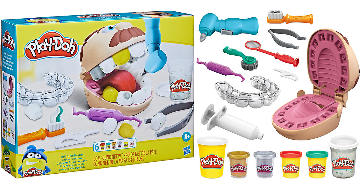 Play-Doh Zahnarzt Dr. Wackelzahn, Spielset mit Kariesknete und metallfarbener Knete, 10 Knetwerkzeugen, 8 Dosen à 56 g bunt von Hasbro