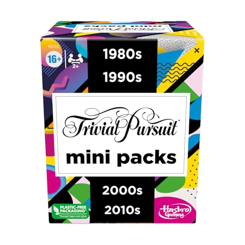 Trivial Pursuit Mini-Packungen, Multipack, lustige Wissenswerte Fragen für Erwachsene und Jugendliche ab 16 Jahren, enthält 4 Spiele mit 4 Jahrzehnten von Hasbro Gaming