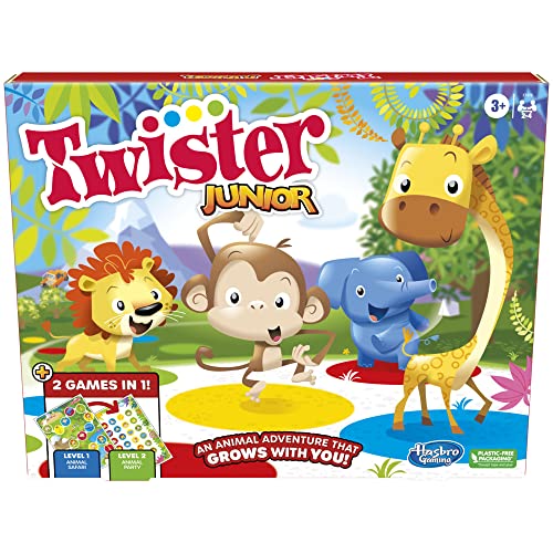 Twister Junior Spiel, Tierabenteuer 2-seitige Matte, 2 Spiele in 1, Partyspiel, Indoor-Spiel für 2-4 Spieler von Hasbro Gaming