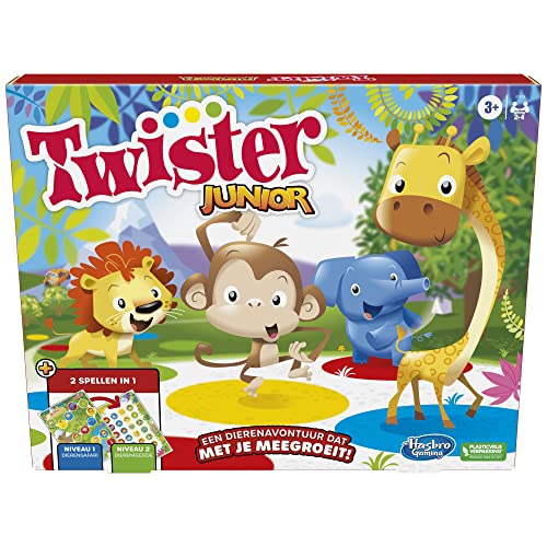 Twister Junior Tierabenteuer, doppelseitige Matte, 2 Spiele in 1, Partyspiel, Innenspiel für 2-4 Spieler (niederländische Version) von Hasbro Gaming