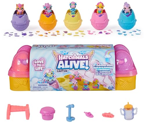 Hatchimals Alive Eierkarton Spielset - mit 5 selbstschlüpfenden Eiern, insgesamt 6 niedlichen Tierfiguren sowie 11 Accessoires für fantasievollen Spielspaß, für Kinder ab 3 Jahren von Hatchimals