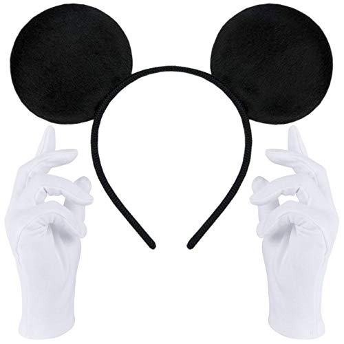 Haarreifen in schwarz mit Maus Ohren + weiße Handschuhe | Haarschmuck für Kinder & Erwachsene | Kostüm Accessoire für Fasching & Karneval (Maus Ohren Schwarz + weiße Handschuhe) von Hatstar
