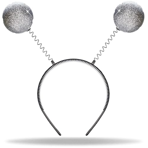 Hatstar Alien Haarreif in silber | Kopfschmuck mit 2 runden schwingenden Kugeln | Glitzer Disco Bälle | Accessoire zum Fasching & Karneval Kostüm | für Kinder, Damen & Herren von Hatstar