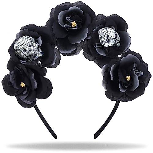 Hatstar Dia de Muertos Haarreif | Deko Haarband mit schwarzen Rosen & Totenkopf | Haarschmuck Tag der Toten | Kostüm Accessoire | Kopfschmuck für Halloween, Karneval und Fasching von Hatstar