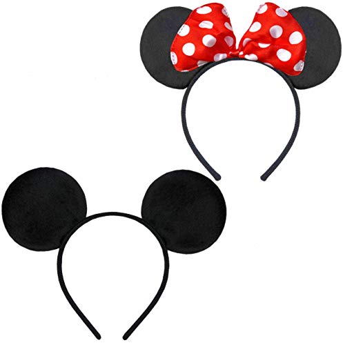 Hatstar Doppelpack mit Maus Haarreifen | Maus Ohren mit roter Schleife & Maus Ohren schwarz | für Kinder, Damen & Herren | für Fasching & Karneval Kostüm von Hatstar