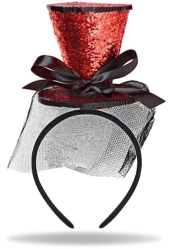 Hatstar Glitzer Mini Zylinder Haarreif | Damen Stirnband | Herren Party Hut Outfit | Haarrschmuck mit Schleife & Schleier | Accessoire für Karneval & Fasching | Silvester Neujahr Glitzer Top (rot) von Hatstar