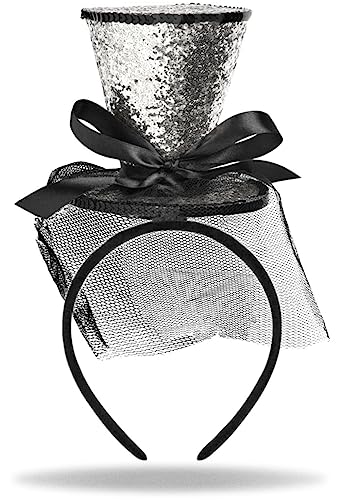 Hatstar Glitzer Mini Zylinder Haarreif | Damen Stirnband | Herren Party Hut | Haarrschmuck mit Schleife & Schleier | Accessoire für Halloween, Karneval & Fasching | Silvester Neujahr Glitzer (silber) von Hatstar