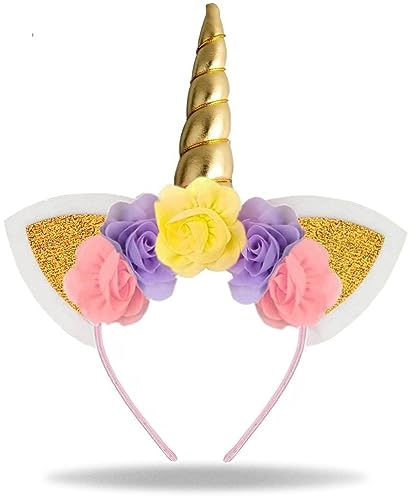 Hatstar Gold Einhorn Haarreif Stirnband | Unicorn Ohren Haarrband mit Blumen & Blüten | Haarschmuck Damen, Mädchen & Kinder | Kostüm Accessoires für Karneval & Fasching von Hatstar