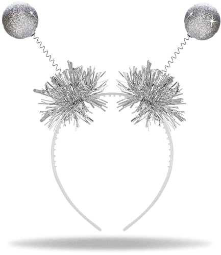 Hatstar Glitzer Alien Haarreif in silver | mit 2 runden schwingenden Bällen | Party Disco Kugeln | Kopfschmuck Accessoire Karneval & Fasching | Haarschmuck Damen, Herren, Kinder von Hatstar