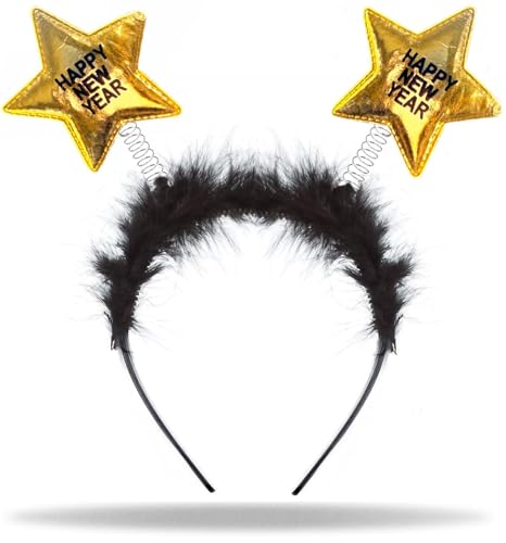 Hatstar Happy New Year Haarreif | Kostüm Accessoire zu Silvester & Neujahr Party | Stirnband für Damen, Herren & Kinder (gold - schwarz) von Hatstar