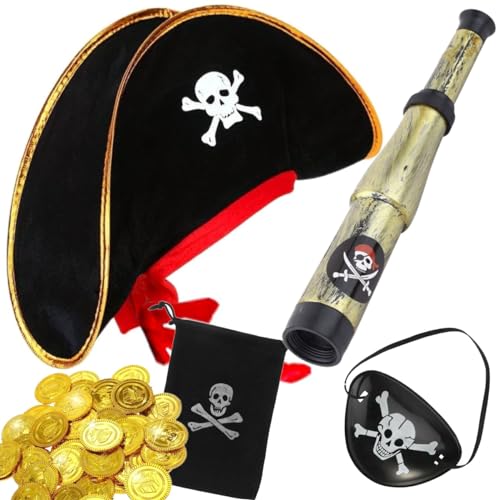 Hatstar Kinder Piraten Set | Hut mit roter Schleife & Totenkopf | Fernrohr + Taler + Münzbeutel + Augenklappe | Accessoire Kostüm Pirat für Jungen & Mädchen | zu Karneval & Fasching von Hatstar
