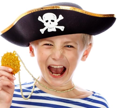 Hatstar Kinder Piratenhut schwarz | mit goldenem Rand & Totenkopf | Accessoire für das Kostüm zum Pirat | für Jungen & Mädchen | Kopfbedeckung zu Karneval & Fasching von Hatstar