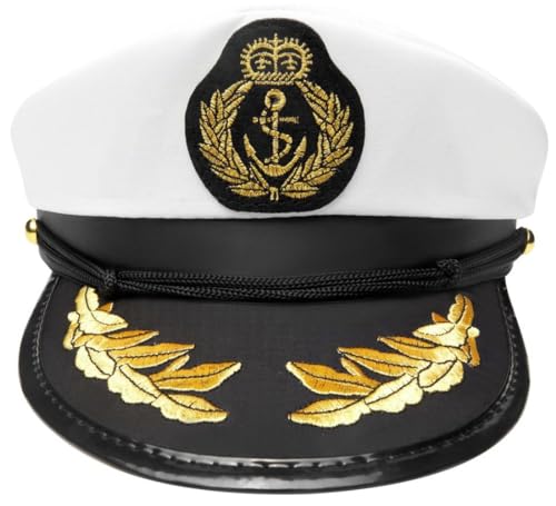 Hatstar weisse Kapitänsmütze Matrosenmütze | Yacht Schiff Boot Marine Mütze Seemans Kostüm | für Damen, Männer, Erwachsene & Kinder | Kopfbedeckung für Karneval & Fasching von Hatstar