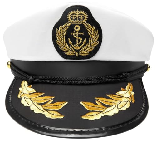 Hatstar weisse Kapitänsmütze Matrosenmütze | Yacht Schiff Boot Marine Mütze Seemans Kostüm | für Damen, Männer & Erwachsene | Kopfbedeckung für Karneval, Fasching & Motto Party´s von Hatstar