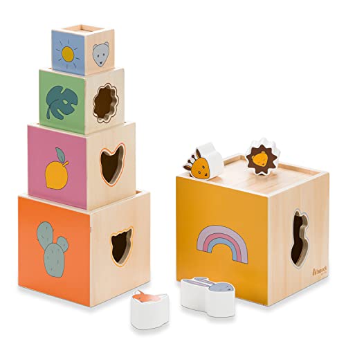 hauck Stack N Raise Stapelturm aus Holz – Stapelspielzeug ab 1 Jahr mit Würfeln & Tierformen, Motorikspielzeug für Kleinkinder – Lernspiel zum Zählen, Farben & Formen Erkennen, Platzsparend von hauck