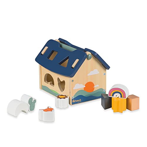 hauck Sort N Build Activity Würfel aus Holz Motorikwürfel ab 1 Jahr, Lernspielzeug mit Steckformen, Abnehmbarem Dach & 8 Bausteinen – Pädagogisch Wertvoll, Geschenk für Kleinkinder von hauck
