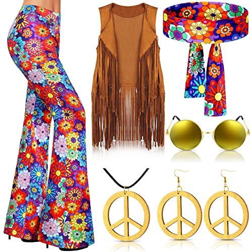 Haull 7 Pcs 60er 70er Jahre Outfits für Frauen Hippie Kostüm Set Boho Ausgestellte Hosen Fransen Weste Peace Zeichen Zubehör Set, Mehrfarbig, S von Haull